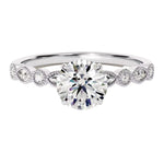 Round cut Moissanite lab grown diamond engagement ring with fancy set pave gold band, against a white background.Moissanite engagement ring cape town south africa grand diamonds ralph jacobs jeulia 