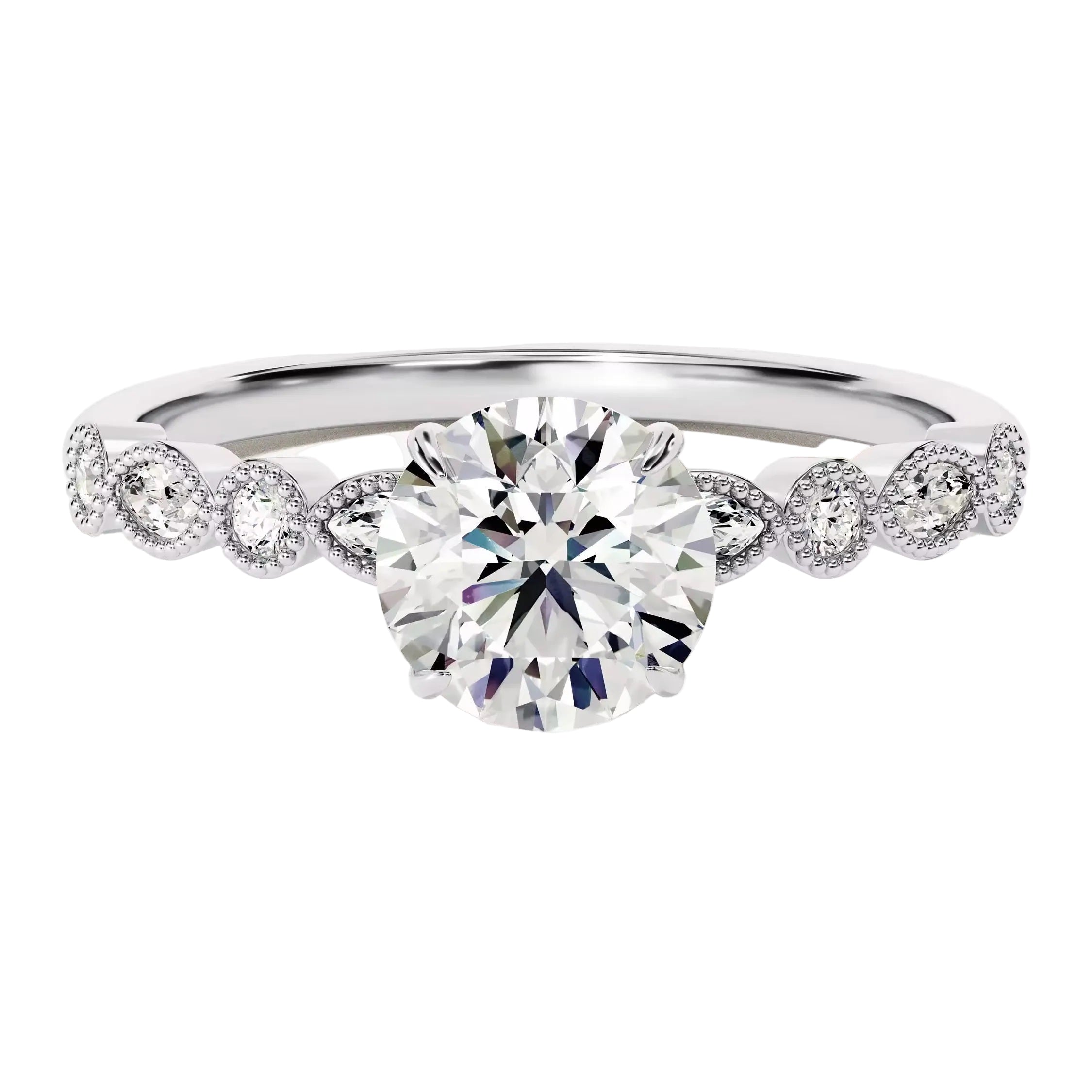 Round cut Moissanite lab grown diamond engagement ring with fancy set pave gold band, against a white background.Moissanite engagement ring cape town south africa grand diamonds ralph jacobs jeulia 