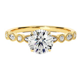 Round cut Moissanite lab grown diamond engagement ring with fancy set pave gold band, against a white background.Moissanite engagement ring cape town south africa grand diamonds ralph jacobs jeulia 