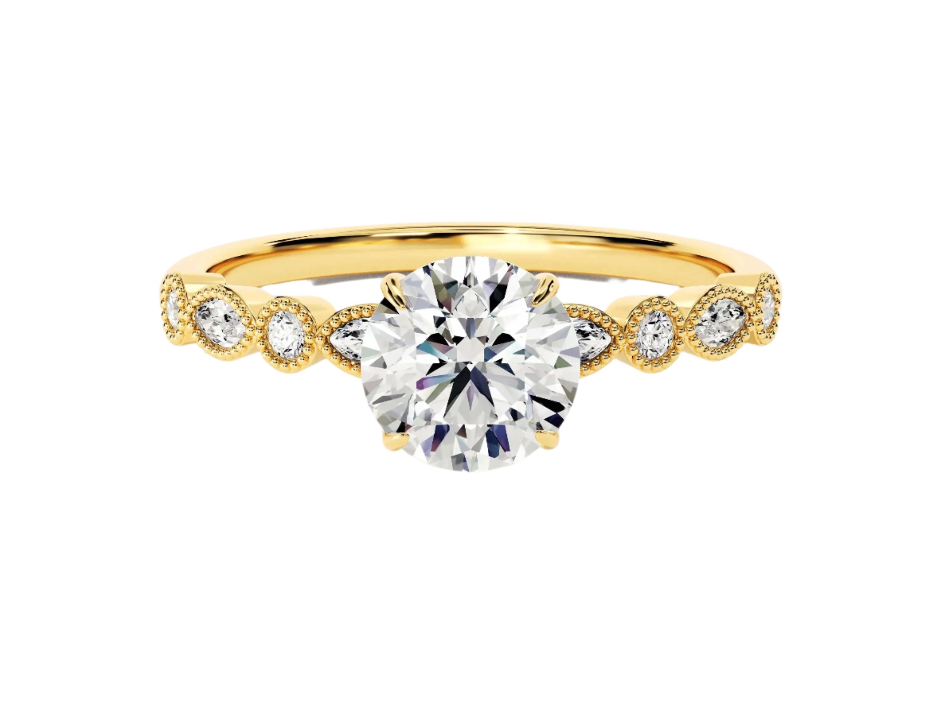 Round cut Moissanite lab grown diamond engagement ring with fancy set pave gold band, against a white background.Moissanite engagement ring cape town south africa grand diamonds ralph jacobs jeulia 