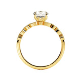 Round cut Moissanite lab grown diamond engagement ring with fancy set pave gold band, against a white background.Moissanite engagement ring cape town south africa grand diamonds ralph jacobs jeulia 