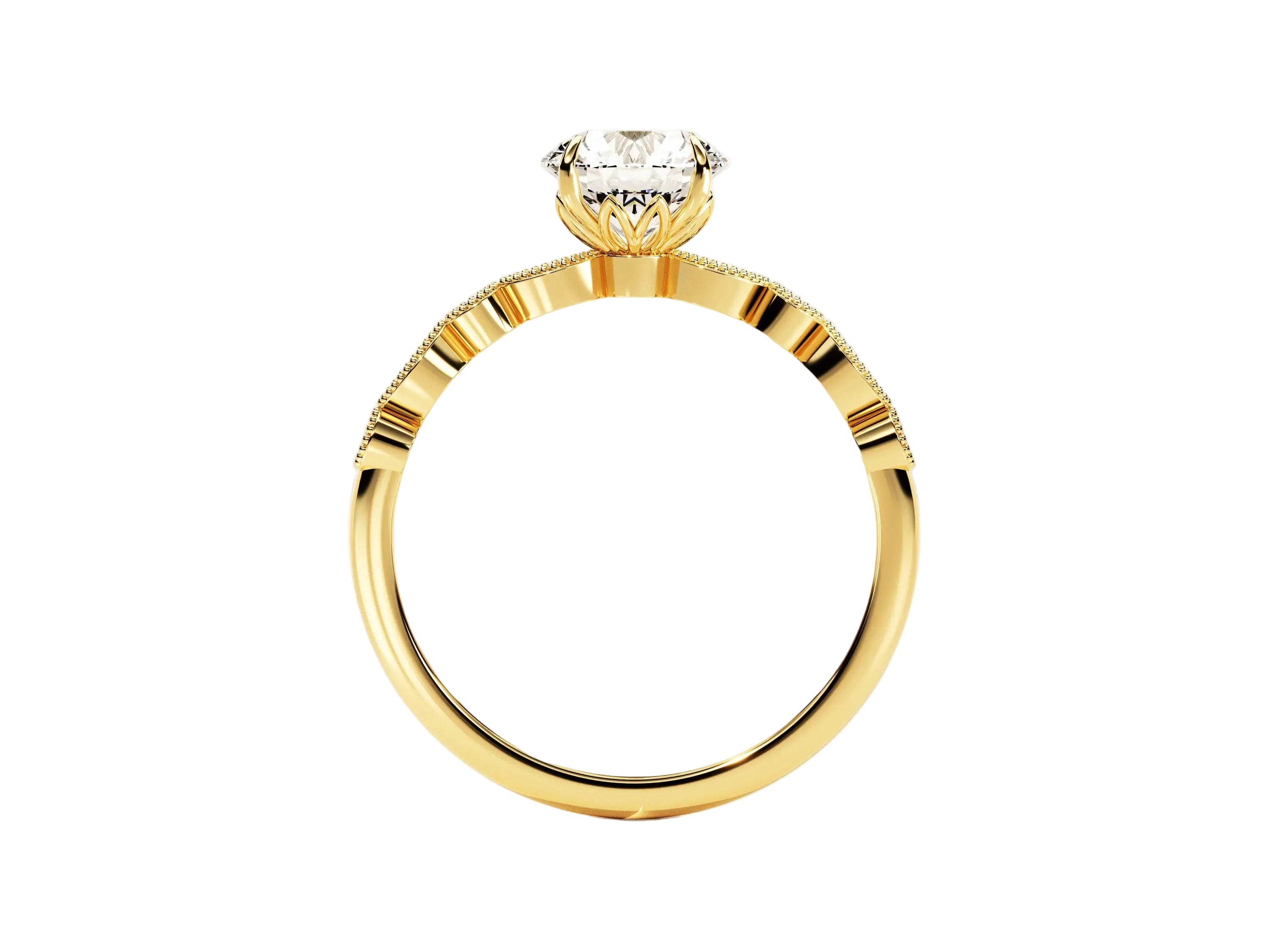 Round cut Moissanite lab grown diamond engagement ring with fancy set pave gold band, against a white background.Moissanite engagement ring cape town south africa grand diamonds ralph jacobs jeulia 