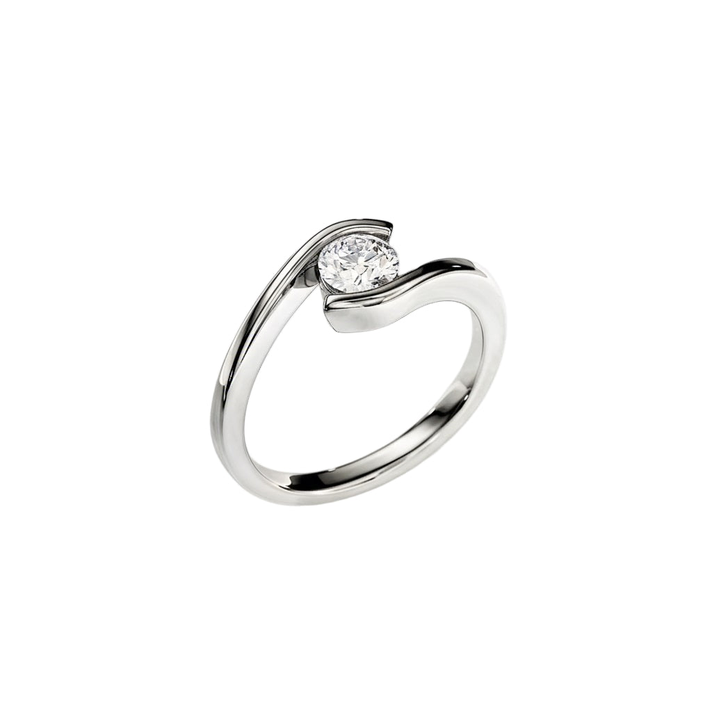 Engagement ring round cut Moissanite lab grown diamond tension set shank with a four claw setting, on a gold band, against a white background.Moissanite engagement ring cape town south africa grand diamonds ralph jacobs jeulia 