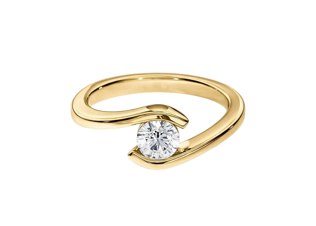Engagement ring round cut Moissanite lab grown diamond tension set shank with a four claw setting, on a gold band, against a white background.Moissanite engagement ring cape town south africa grand diamonds ralph jacobs jeulia 
