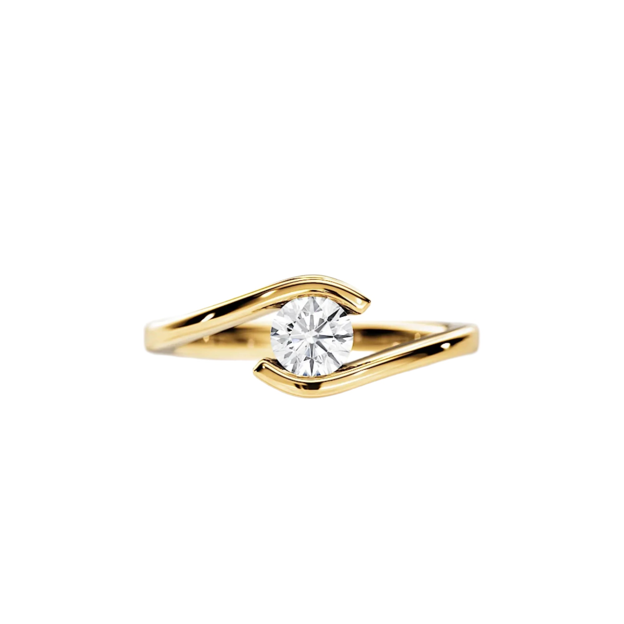 Engagement ring round cut Moissanite lab grown diamond tension set shank with a four claw setting, on a gold band, against a white background.Moissanite engagement ring cape town south africa grand diamonds ralph jacobs jeulia 