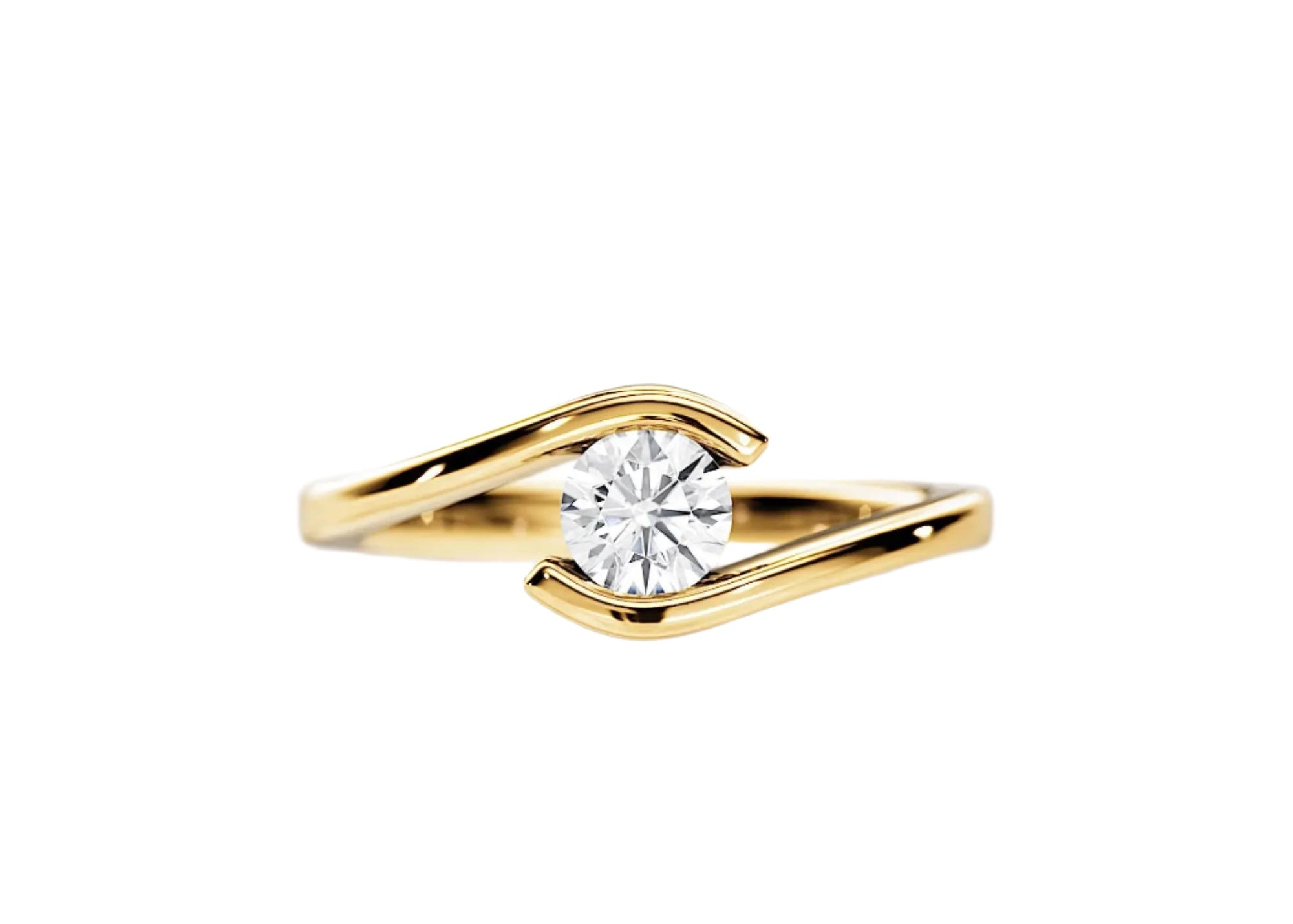 Engagement ring round cut Moissanite lab grown diamond tension set shank with a four claw setting, on a gold band, against a white background.Moissanite engagement ring cape town south africa grand diamonds ralph jacobs jeulia 