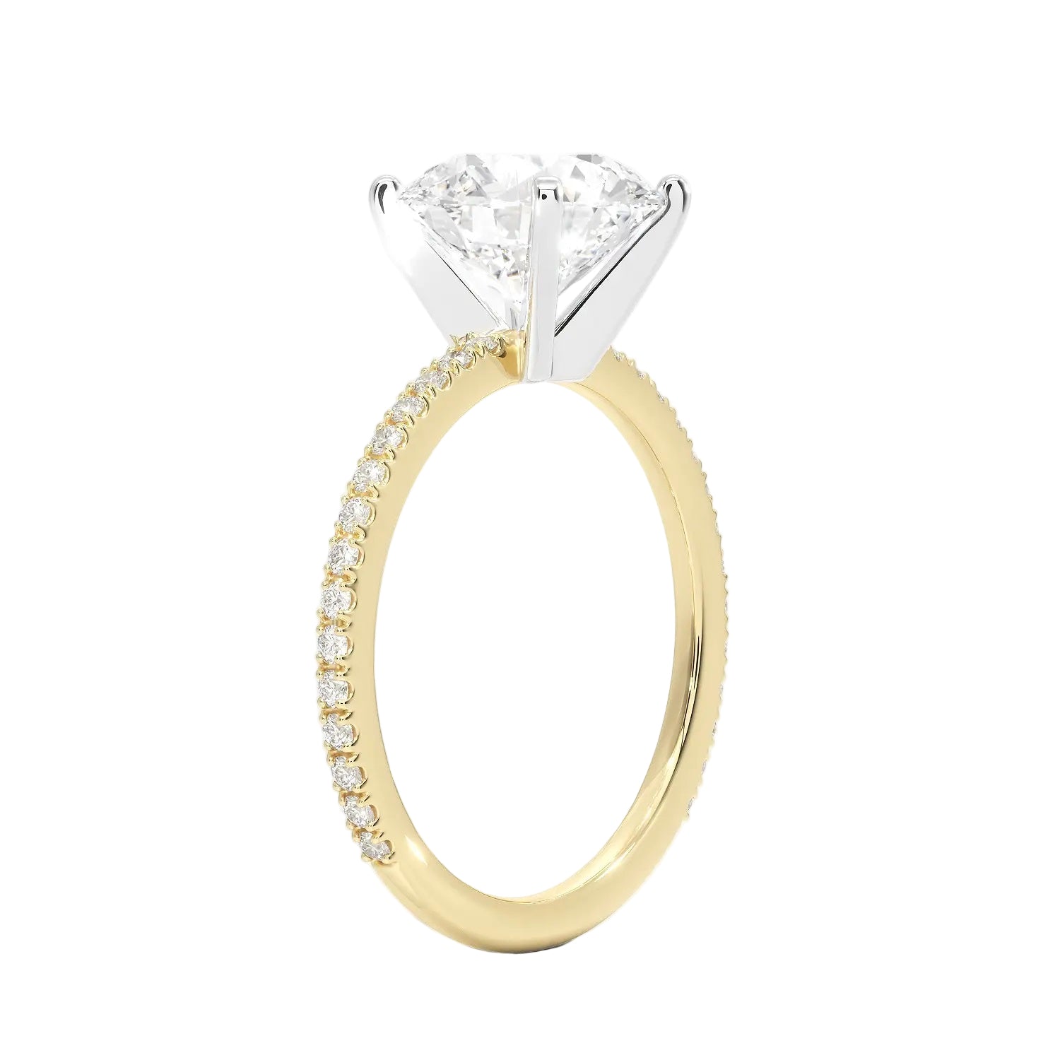 Round cut Moissanite lab grown diamond engagement ring with two tone design, yellow and white gold, pave set band, against a white background.Moissanite engagement ring cape town south africa grand diamonds ralph jacobs jeulia 
