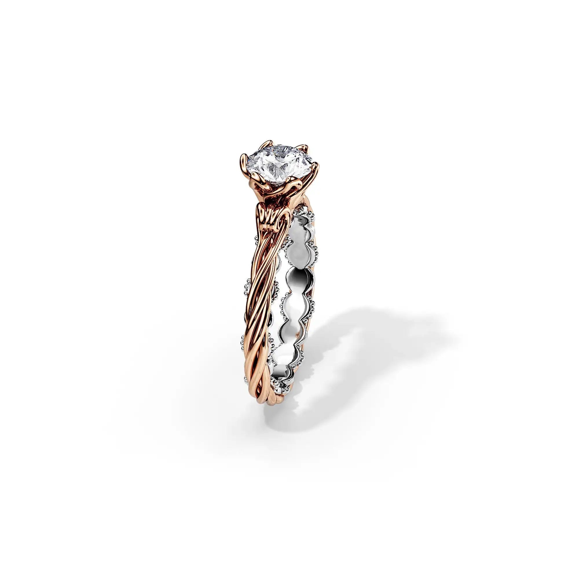 Round cut Moissanite lab grown diamond two tone engagement ring ornate band with a six claw setting, on a gold band, against a white background.Moissanite engagement ring cape town south africa grand diamonds ralph jacobs jeulia  