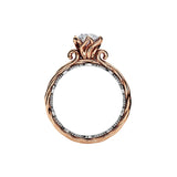 Round cut Moissanite lab grown diamond two tone engagement ring ornate band with a six claw setting, on a gold band, against a white background.Moissanite engagement ring cape town south africa grand diamonds ralph jacobs jeulia  