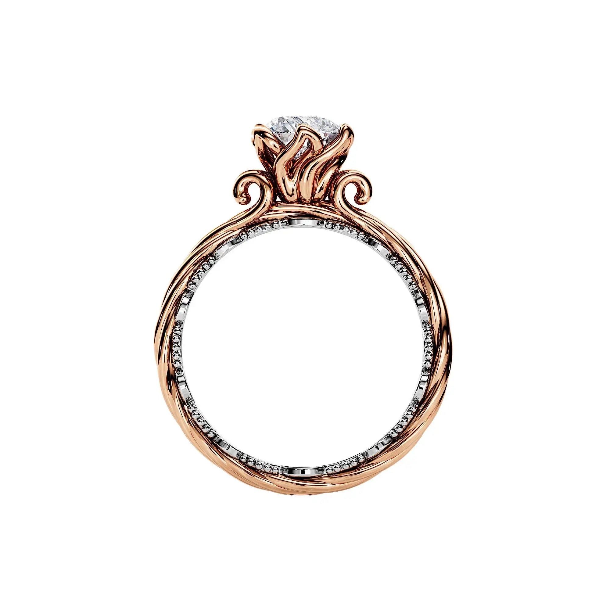 Round cut Moissanite lab grown diamond two tone engagement ring ornate band with a six claw setting, on a gold band, against a white background.Moissanite engagement ring cape town south africa grand diamonds ralph jacobs jeulia  