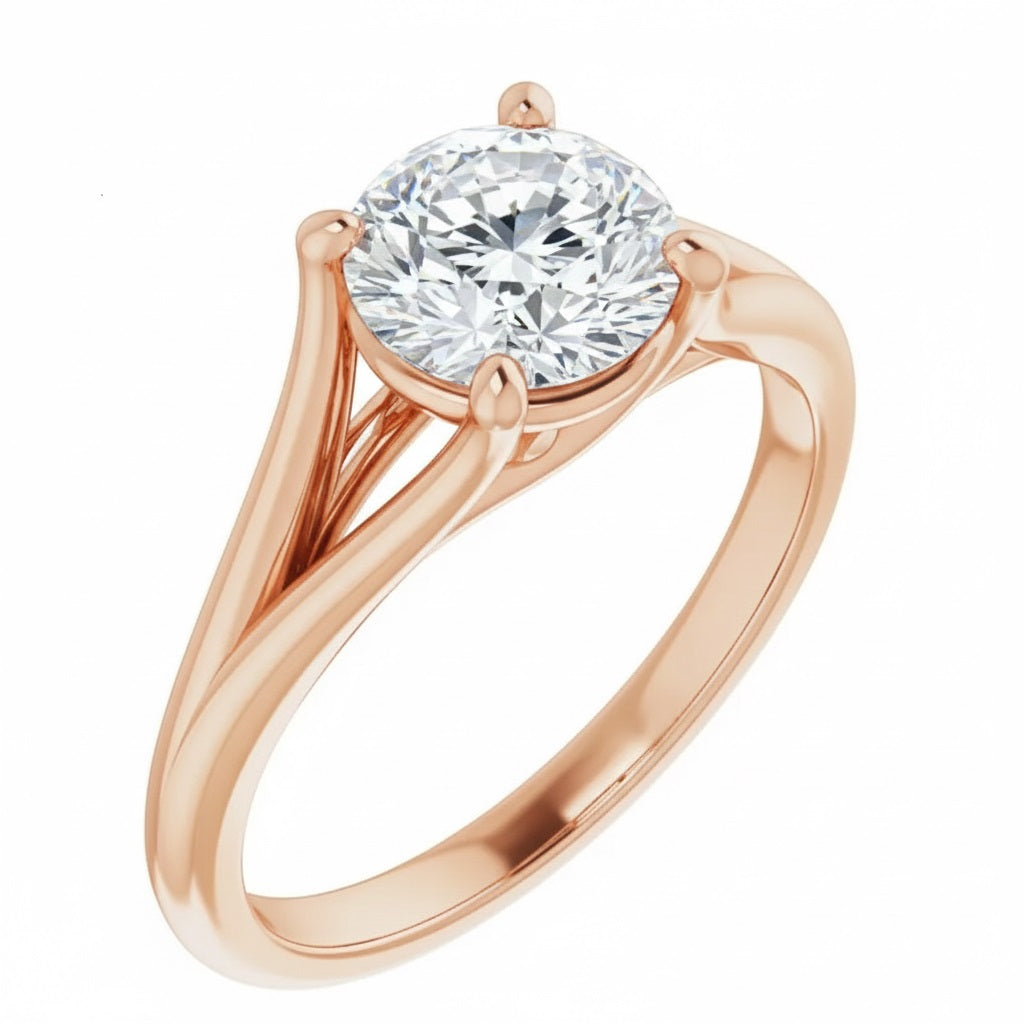 Engagement ring Cathedral setting round cut Moissanite lab grown diamond engagement ring v-Split round shank with a four claw setting, on a gold band, against a white background.Moissanite engagement ring cape town south africa grand diamonds ralph jacobs jeulia 