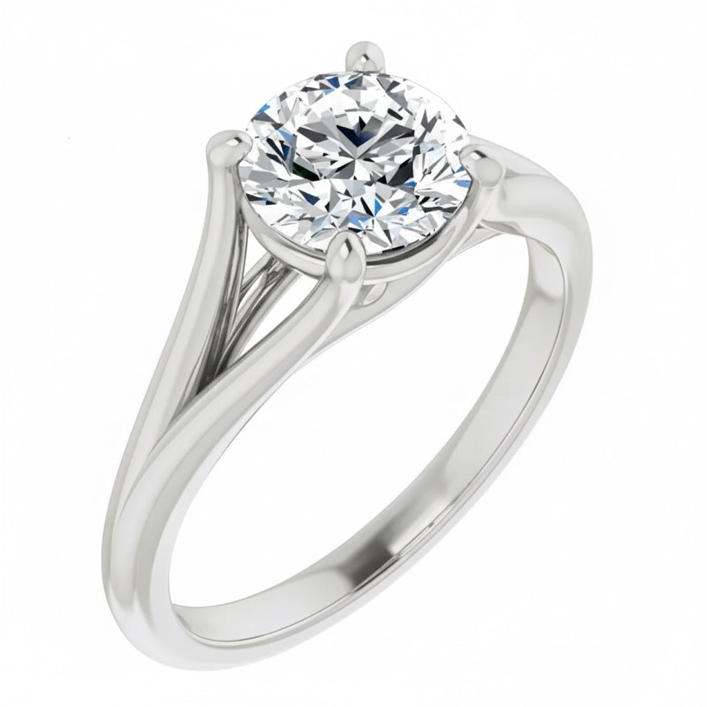Engagement ring Cathedral setting round cut Moissanite lab grown diamond engagement ring v-Split round shank with a four claw setting, on a gold band, against a white background.Moissanite engagement ring cape town south africa grand diamonds ralph jacobs jeulia 
