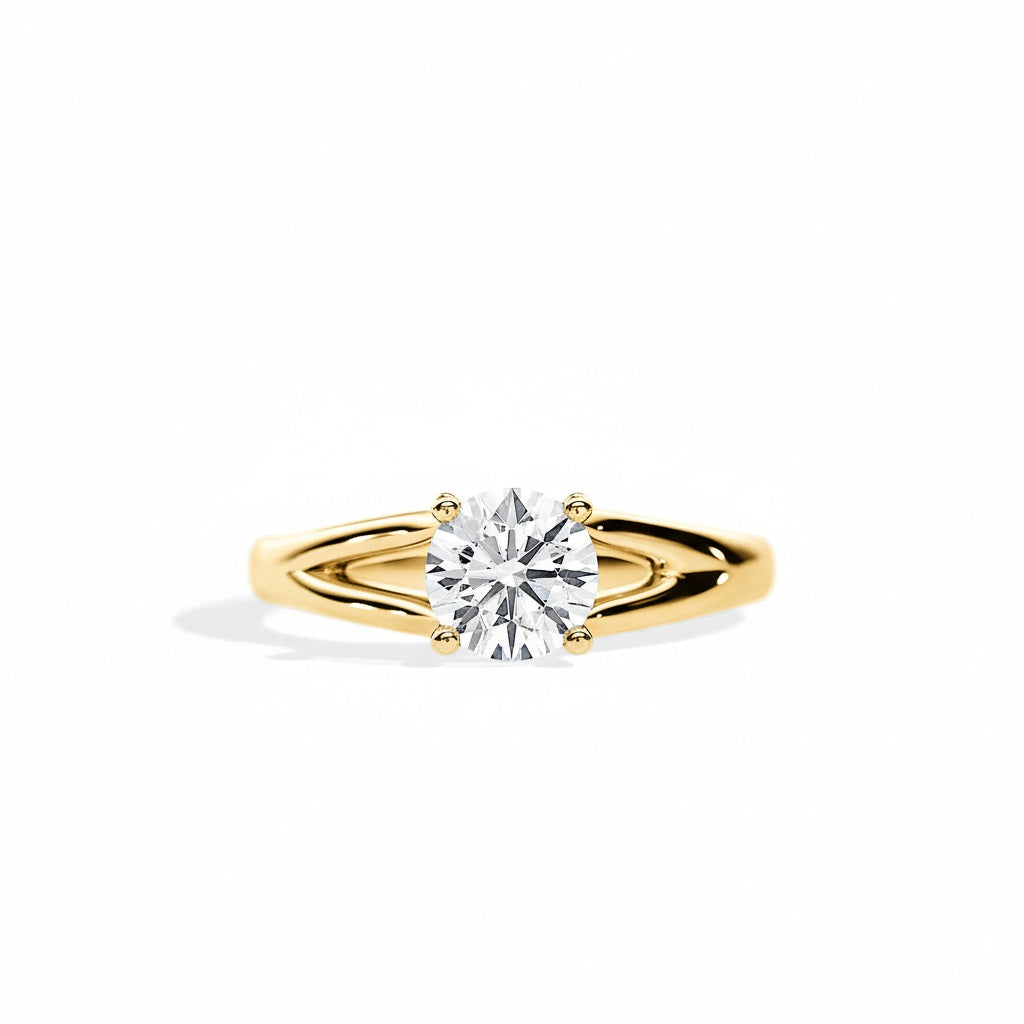 Oval cut Moissanite lab grown diamond engagement ring round v-split shank with pin  four claw setting, on a gold band, against a white background.Moissanite engagement ring cape town south africa grand diamonds ralph jacobs jeulia 