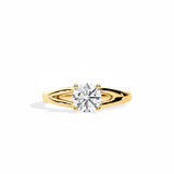 Oval cut Moissanite lab grown diamond engagement ring round v-split shank with pin  four claw setting, on a gold band, against a white background.Moissanite engagement ring cape town south africa grand diamonds ralph jacobs jeulia 