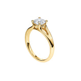 Oval cut Moissanite lab grown diamond engagement ring round v-split shank with pin  four claw setting, on a gold band, against a white background.Moissanite engagement ring cape town south africa grand diamonds ralph jacobs jeulia 