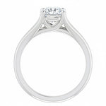 Engagement ring Cathedral setting round cut Moissanite lab grown diamond engagement ring v-Split round shank with a four claw setting, on a gold band, against a white background.Moissanite engagement ring cape town south africa grand diamonds ralph jacobs jeulia 