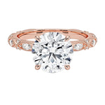 Round cut Moissanite lab grown diamond engagement ring with classic set centre stone and vintage set stones on the band, against a white background.Moissanite engagement ring cape town south africa grand diamonds ralph jacobs jeulia 