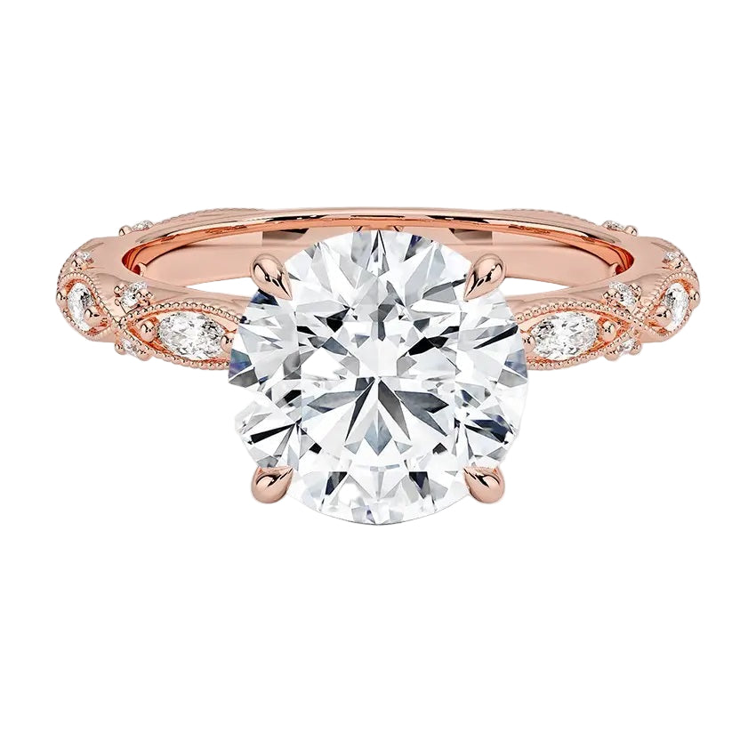 Round cut Moissanite lab grown diamond engagement ring with classic set centre stone and vintage set stones on the band, against a white background.Moissanite engagement ring cape town south africa grand diamonds ralph jacobs jeulia 