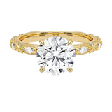 Round cut Moissanite lab grown diamond engagement ring with classic set centre stone and vintage set stones on the band, against a white background.Moissanite engagement ring cape town south africa grand diamonds ralph jacobs jeulia 