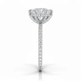 Engagement ring with round cut moissanite or lab grown diamond solitaire six cat claw setting yellow rose or white gold hidden halo wit stones encrusted claws and pave set shank Cape Town South Africa grand diamonds ralph jacobs jeuli