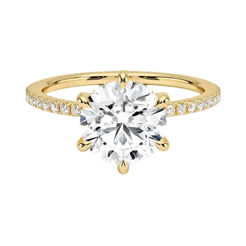 Engagement ring with round cut moissanite or lab grown diamond solitaire six cat claw setting yellow rose or white gold hidden halo wit stones encrusted claws and pave set shank Cape Town South Africa grand diamonds ralph jacobs jeuli