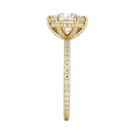 Engagement ring with round cut moissanite or lab grown diamond solitaire six cat claw setting yellow rose or white gold hidden halo wit stones encrusted claws and pave set shank Cape Town South Africa grand diamonds ralph jacobs jeuli