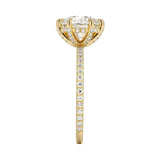 Engagement ring with round cut moissanite or lab grown diamond solitaire six cat claw setting yellow rose or white gold hidden halo wit stones encrusted claws and pave set shank Cape Town South Africa grand diamonds ralph jacobs jeuli