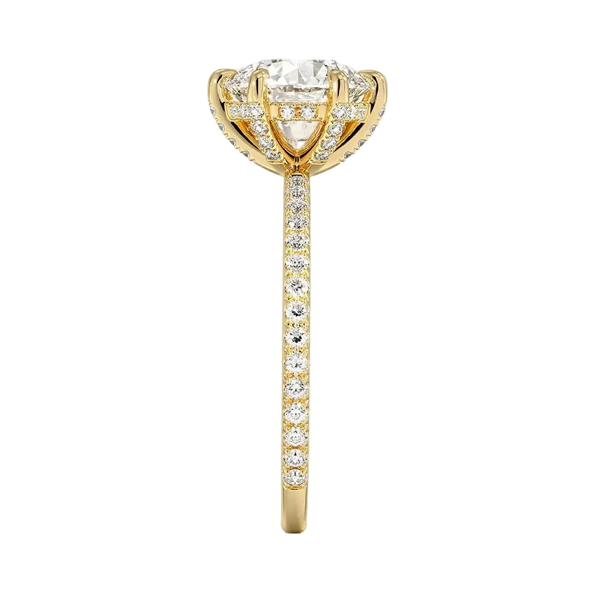 Engagement ring with round cut moissanite or lab grown diamond solitaire six cat claw setting yellow rose or white gold hidden halo wit stones encrusted claws and pave set shank Cape Town South Africa grand diamonds ralph jacobs jeuli