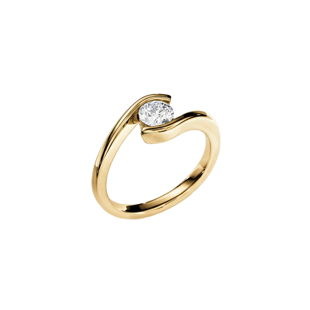 Engagement ring round cut Moissanite lab grown diamond tension set shank with a four claw setting, on a gold band, against a white background.Moissanite engagement ring cape town south africa grand diamonds ralph jacobs jeulia 