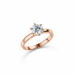 Round cut Moissanite lab grown diamond engagement ring round band with a six claw setting, on a gold band, against a white background.Moissanite engagement ring cape town south africa grand diamonds ralph jacobs jeulia  