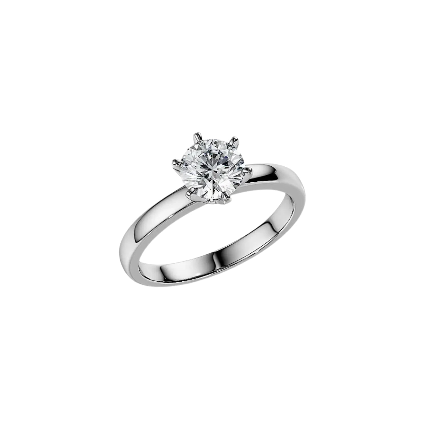 Round cut Moissanite lab grown diamond engagement ring round band with a six claw setting, on a gold band, against a white background.Moissanite engagement ring cape town south africa grand diamonds ralph jacobs jeulia  