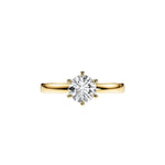Round cut Moissanite lab grown diamond engagement ring round band with a six claw setting, on a gold band, against a white background.Moissanite engagement ring cape town south africa grand diamonds ralph jacobs jeulia  