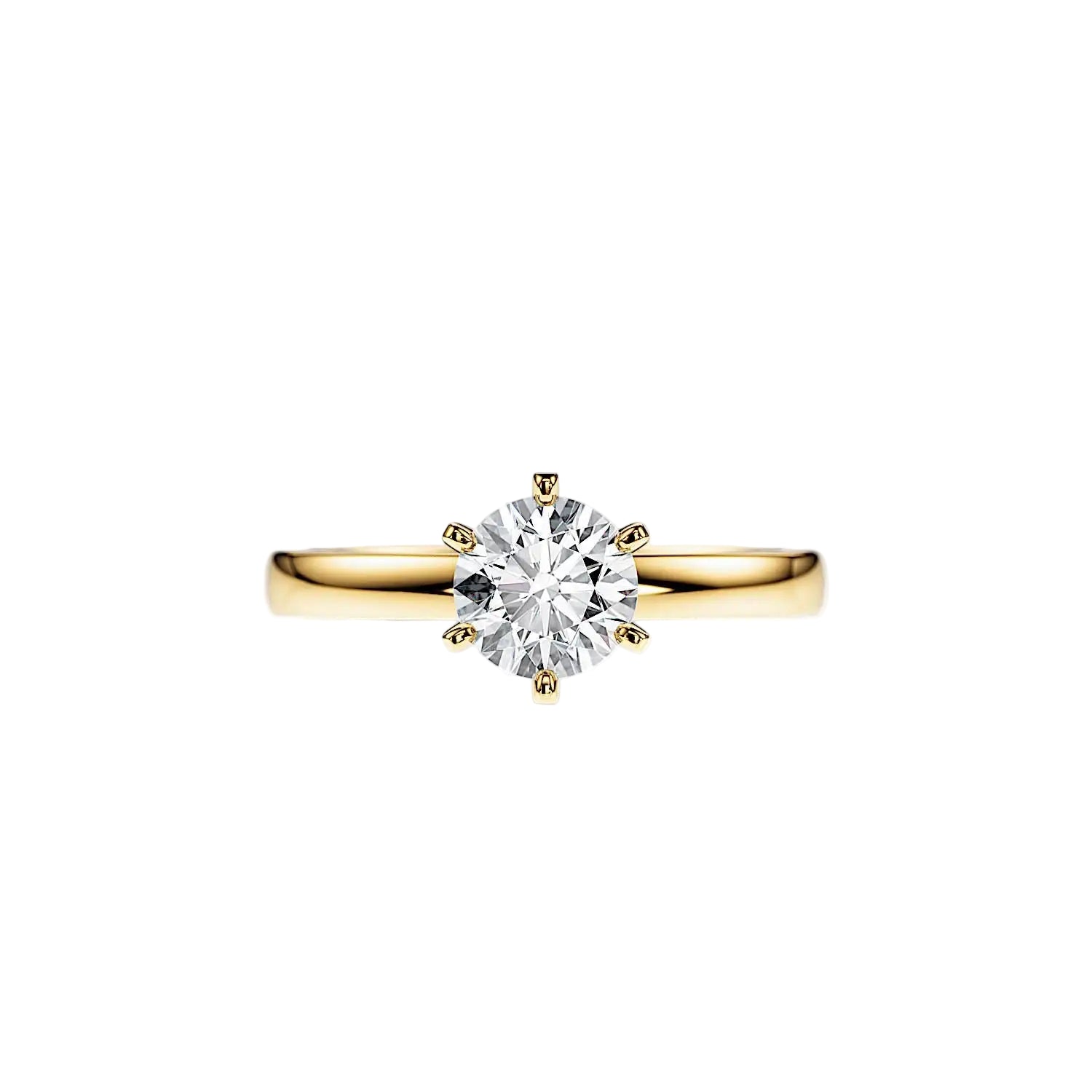 Round cut Moissanite lab grown diamond engagement ring round band with a six claw setting, on a gold band, against a white background.Moissanite engagement ring cape town south africa grand diamonds ralph jacobs jeulia  