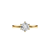 Round cut Moissanite lab grown diamond engagement ring round band with a six claw setting, on a gold band, against a white background.Moissanite engagement ring cape town south africa grand diamonds ralph jacobs jeulia  