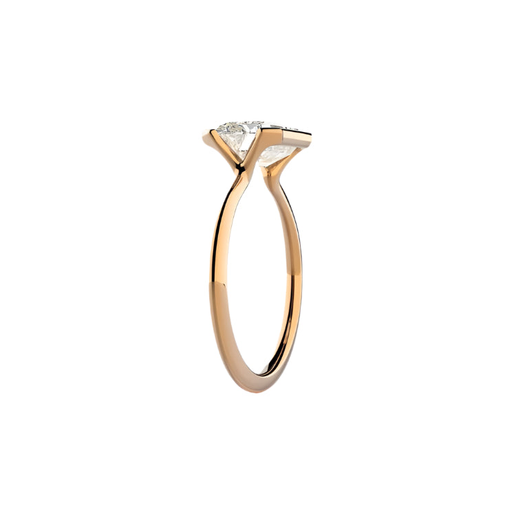 Emerald cut Moissanite lab grown diamond engagement ring column clean sophisticated design on a gold band, against a white background.Moissanite engagement ring cape town south africa grand diamonds ralph jacobs jeuli