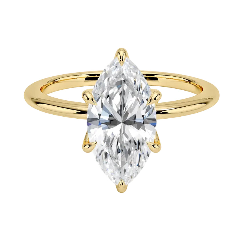 Marquise cut Moissanite lab grown diamond engagement ring round band with a six claw setting, on a gold band, against a white background.Moissanite engagement ring cape town south africa grand diamonds ralph jacobs jeulia  