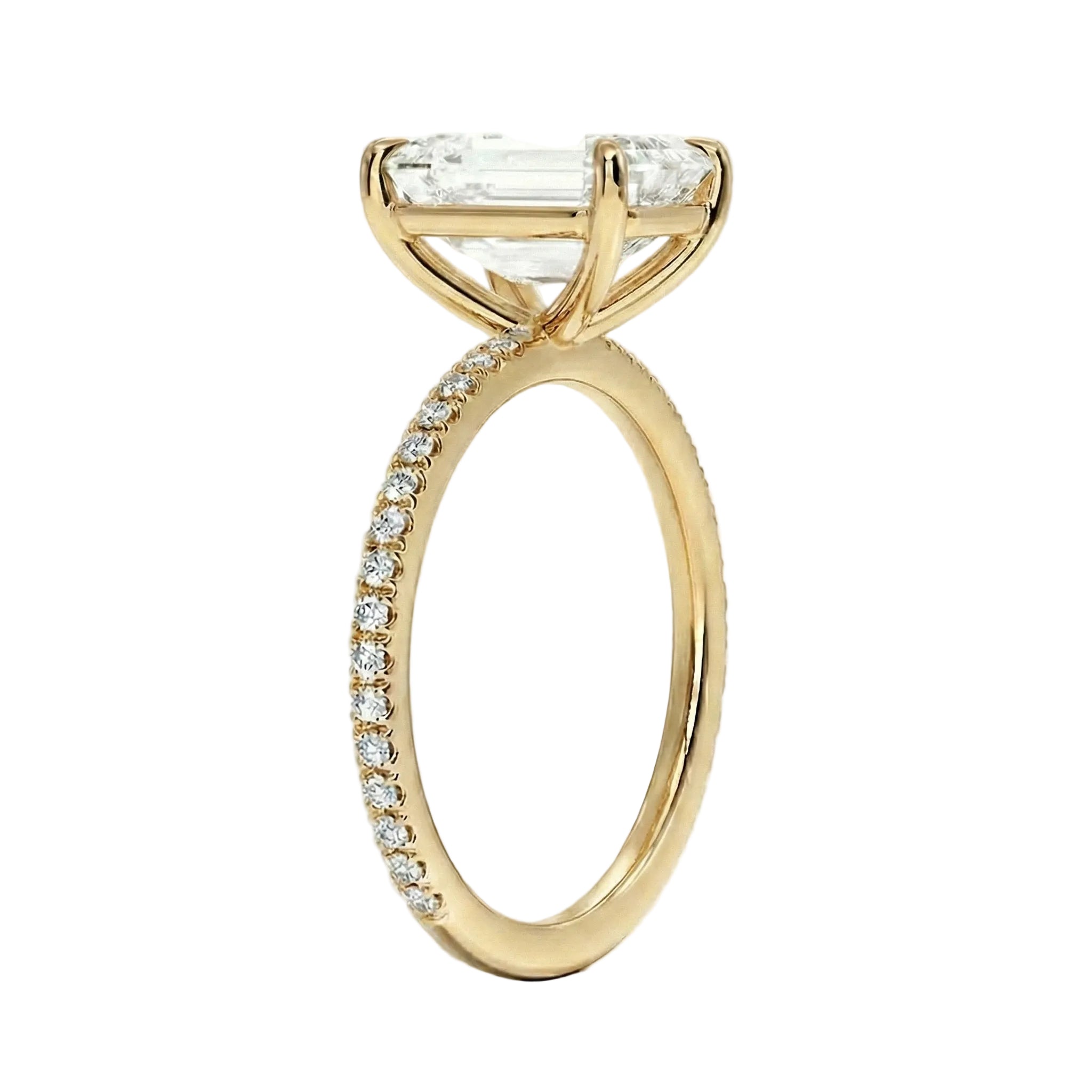 ApolloGem Engagement ring Gold ring with a large diamond and smaller diamonds on the band against a white background