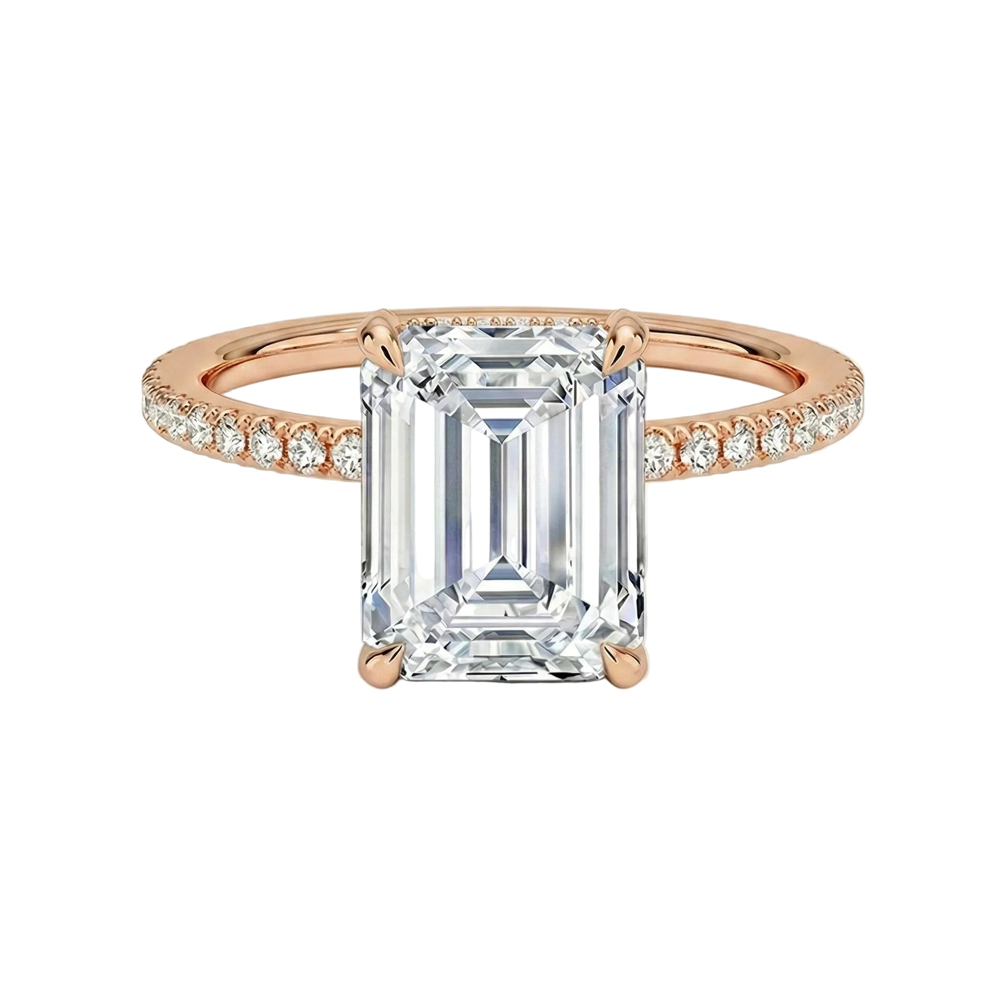 Rose gold ring with a large emerald-cut diamond and smaller diamonds on the band against a white background