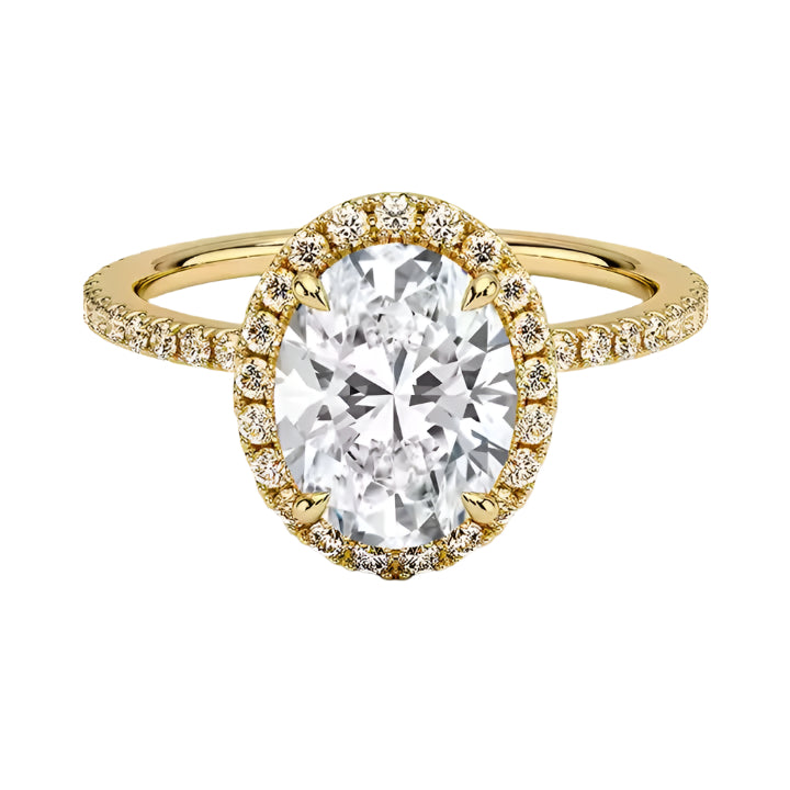 Oval cut halo engagement ring pave band yellow gold South Africa luxury