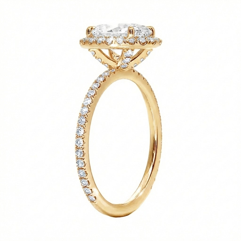 Vintage style oval moissanite ring with halo and diamond band side view