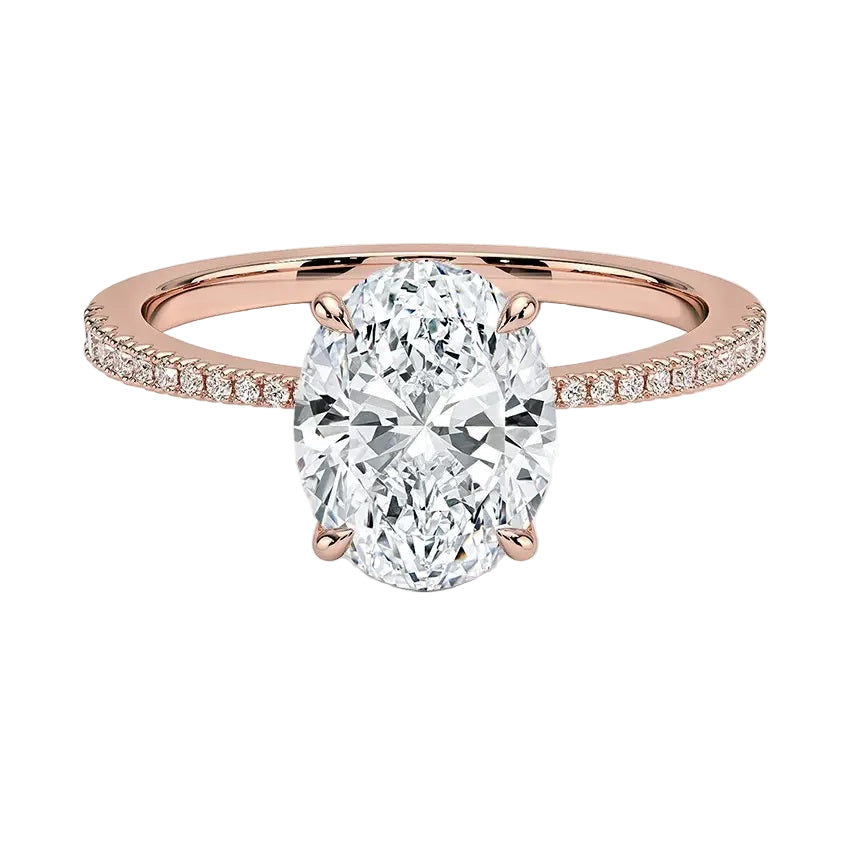 Sculpted four-claw oval cut engagement ring with a tapered pavé rose gold band ApolloGem.
