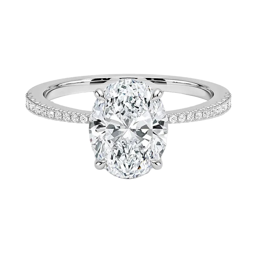 Sculpted four-claw oval cut engagement ring with a tapered pavé white gold band ApolloGem.