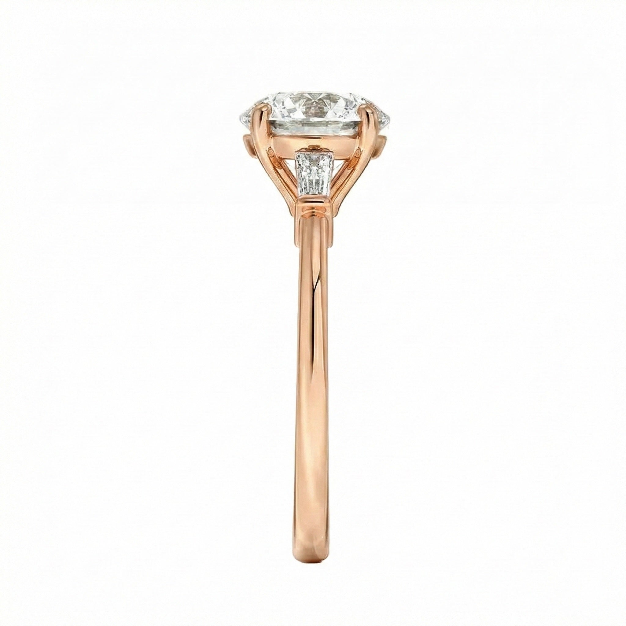 Rose gold ring with a diamond on a white background