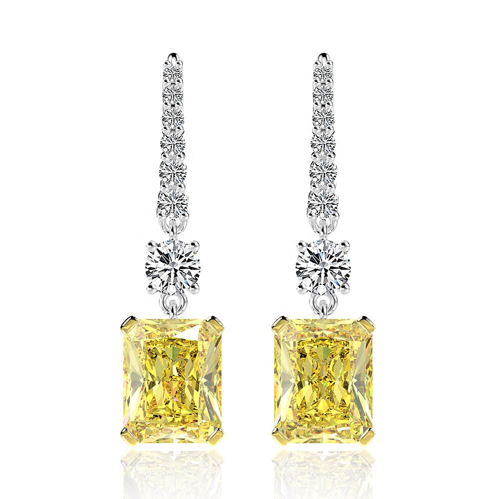 White Gold Emerald-Cut Moissanite Drop Earrings with Yellow Gold Claws