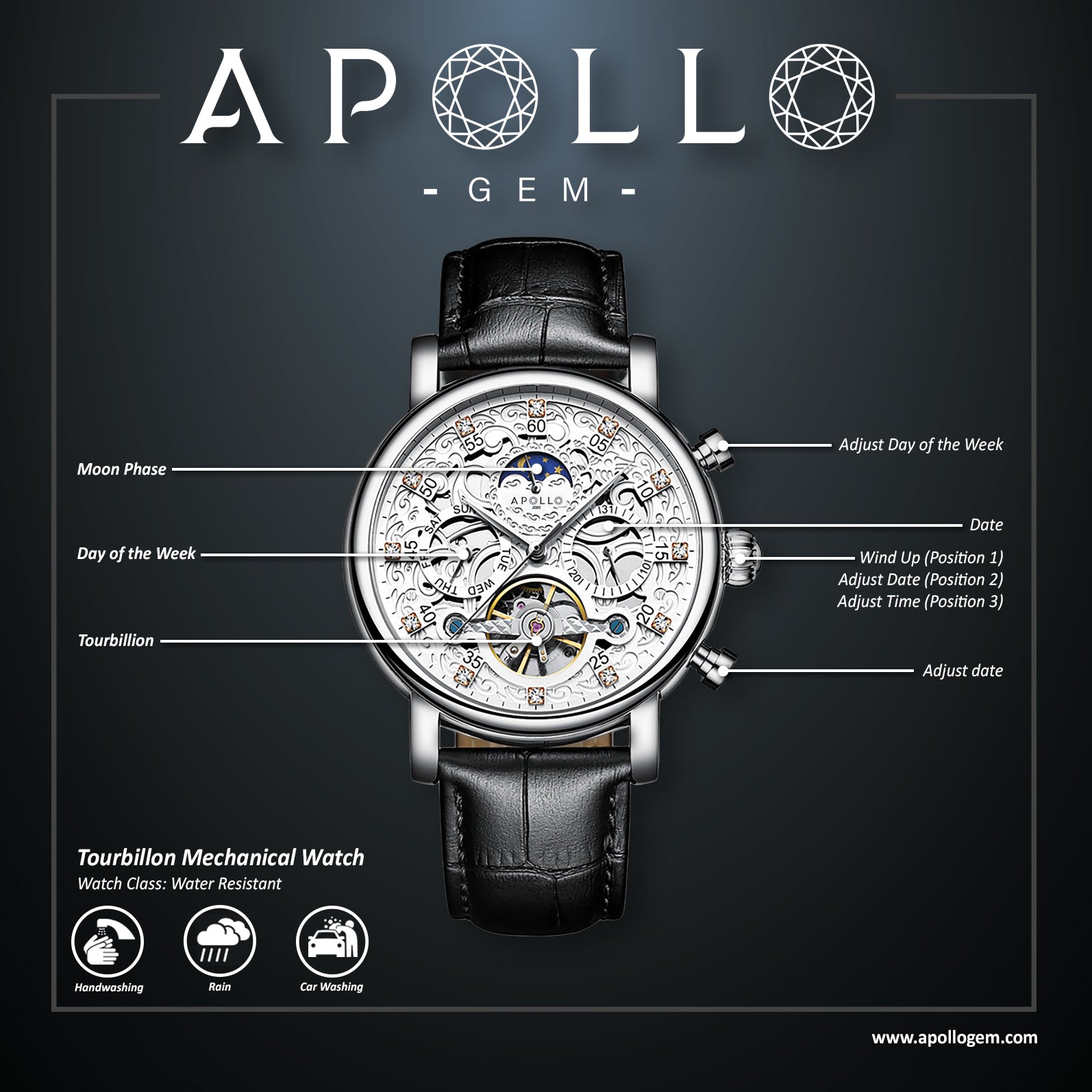 ApolloGem watch with detailed features on a dark background