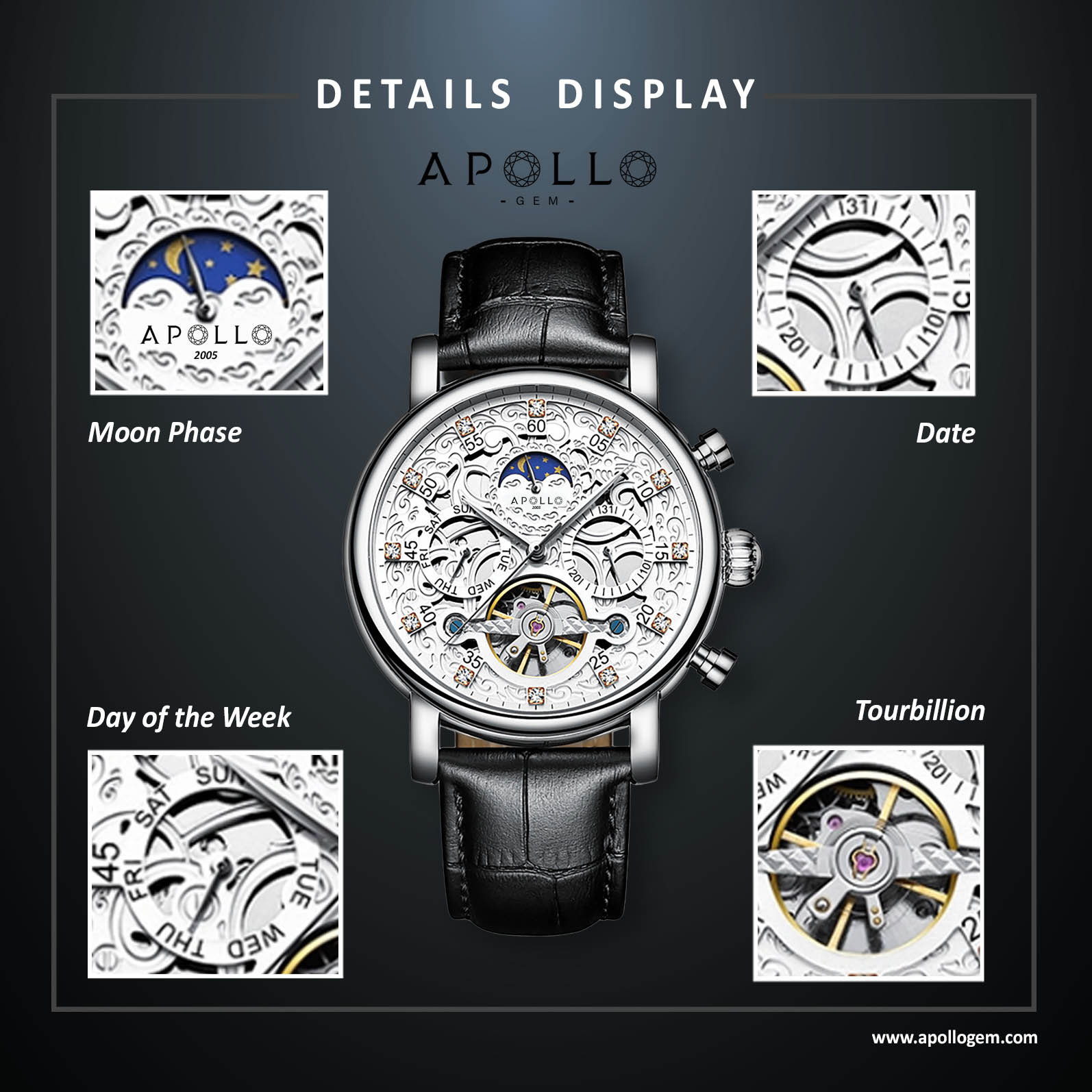 Apollo watch with detailed features on a dark background