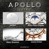 Advertisement for ApolloGem watches highlighting Hardlex, Moon Phase Display, Water Resistant, and Luxury Crown features on a dark background.
