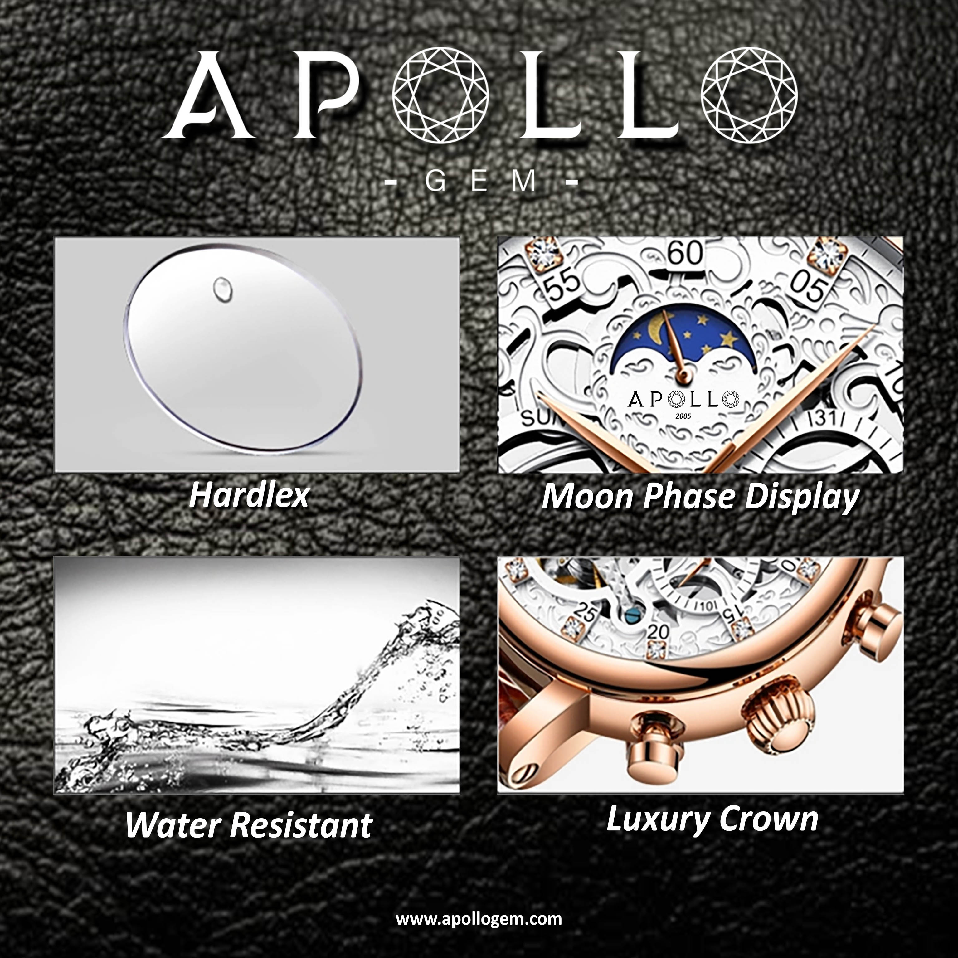 Advertisement for ApolloGem watches highlighting Hardlex, Moon Phase Display, Water Resistant, and Luxury Crown features on a dark background.