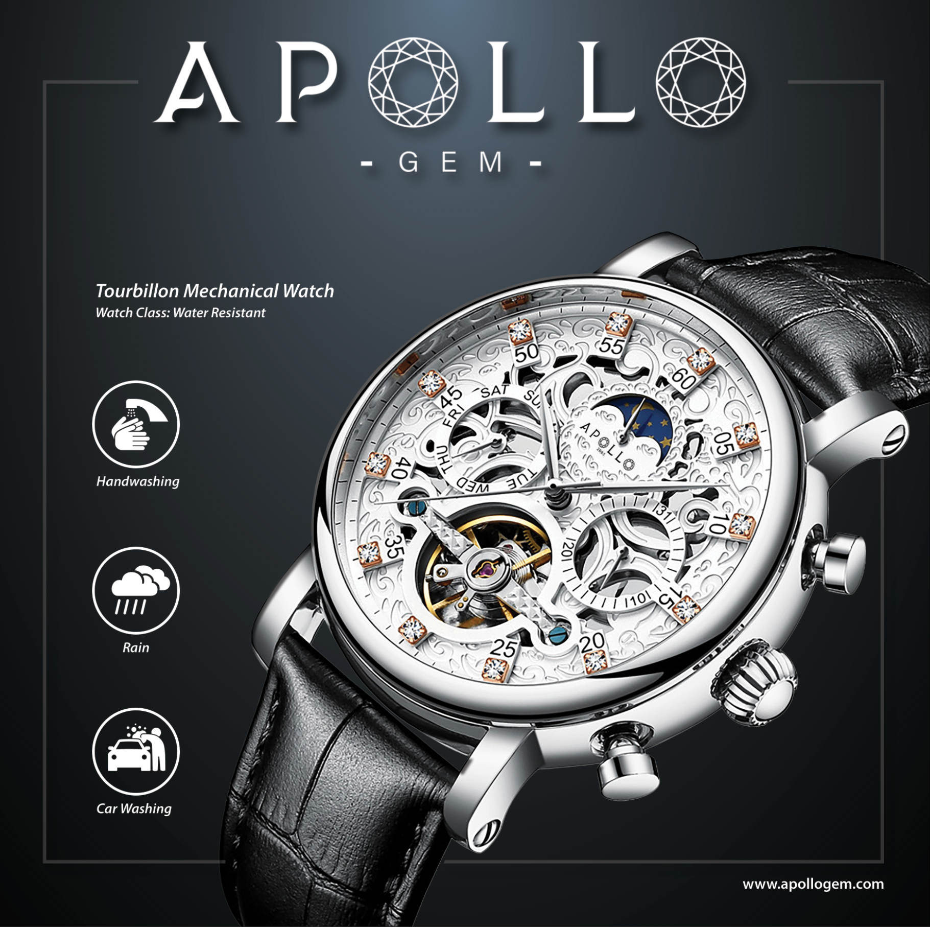 ApolloGem tourbillon mechanical watch with detailed face on a dark background