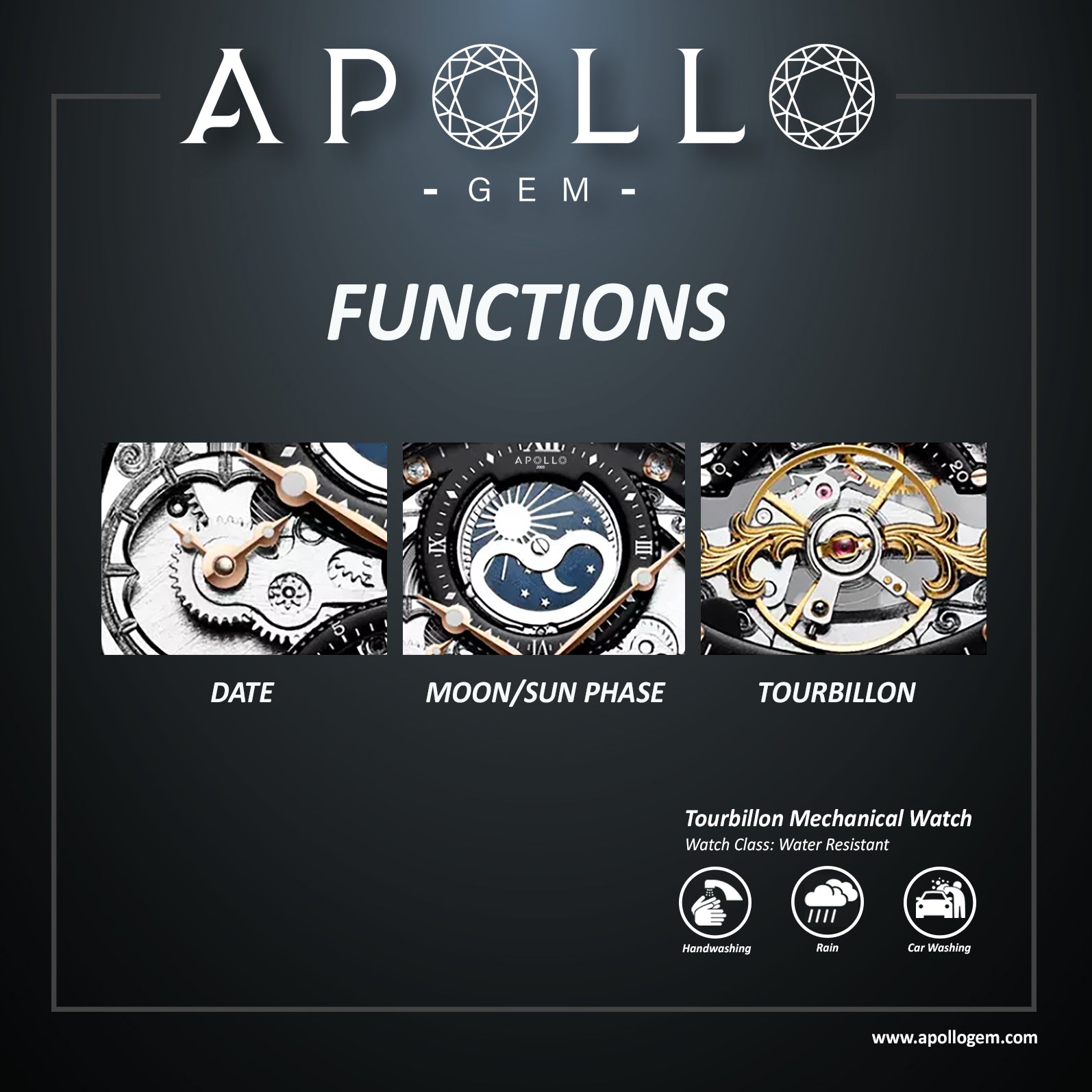 Advertisement for ApolloGem watch functions with images of watch mechanisms on a dark background.